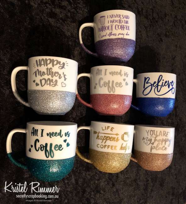 Seven (7) Ceramic Coffee Mugs Side On With Various Glitter Colours and Various Designs - Secretly Scrapbooking (Copyright 2018) (Bunbury, WA)