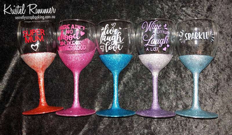 Various Glittered Stemmed Wine Glasses With Various Vinyl Wording - Secretly Scrapbooking (Copyright 2018) (Bunbury, WA)