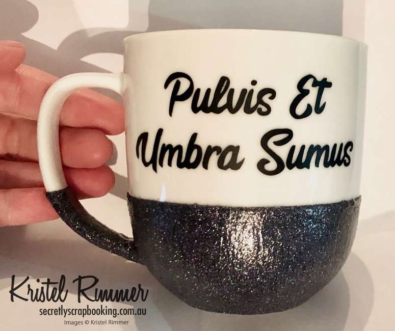 Ceramic Coffee Mug With Black Holographic Glitter and Pulvis Et Umbra Sumus Design - Secretly Scrapbooking (Copyright 2018) (Bunbury, WA)