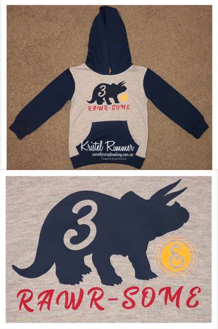 Grey and Navy Boys Hoodie With Navy Triceratops Three (3) Cutout, Yellow Ampersand and Red Rawr-some Design - Secretly Scrapbooking (Copyright 2018) (Bunbury, WA)