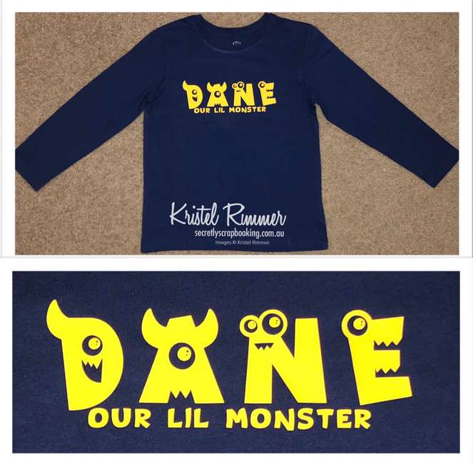 Navy Boys Shirt With Yellow Dane Monster Text and Yellow Our Lil Monster Design - Secretly Scrapbooking (Copyright 2018) (Bunbury, WA)