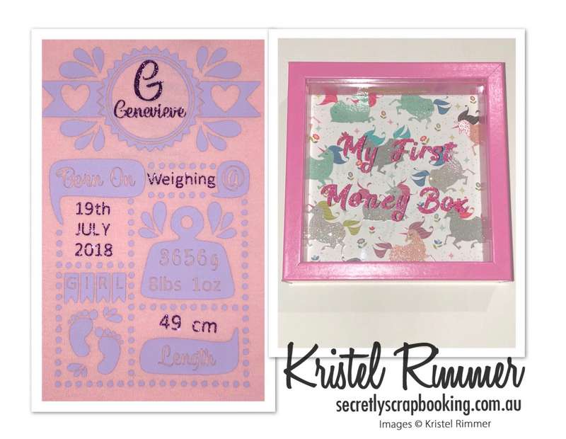 close up of Pink onesie and moneybox with baby oneise showing birth details including name, birthdate, time, weight and length; moneybox features my first money box text and unicorn backing - Secretly Scrapbooking (Bunbury, WA)