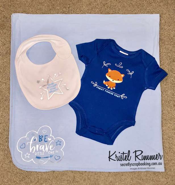 Blue Fox baby gift set with onesie, baby wrap and bib featuring #Milk, #Snuggle, #Nap and #Repeat, Be Brave Little One, Fox image and baby name - Secretly Scrapbooking (Bunbury, WA)