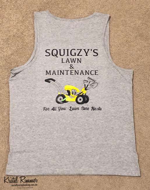 Squigzy's Lawn & Maintenance Singlet Back With Black Text And Image Logo - Secretly Scrapbooking (Bunbury, WA)