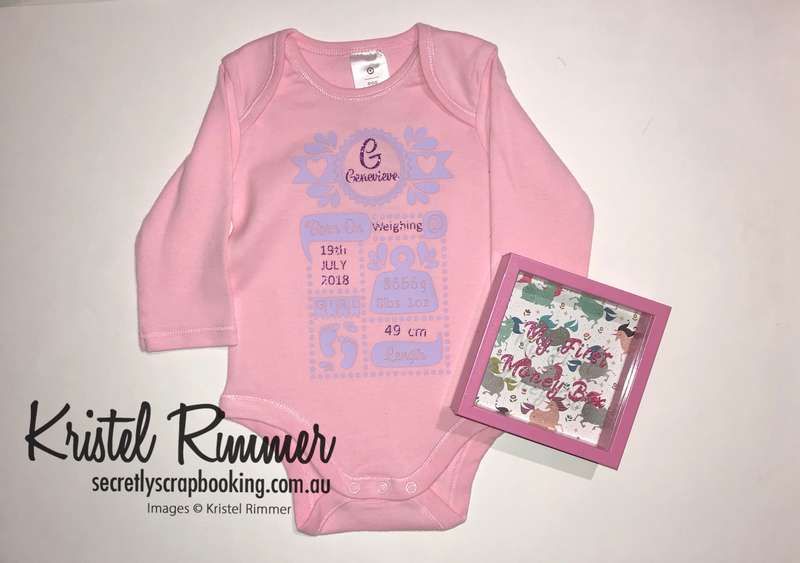 Pink onesie and moneybox with baby oneise showing birth details including name, birthdate, time, weight and length; moneybox features my first money box text and unicorn backing - Secretly Scrapbooking (Bunbury, WA)