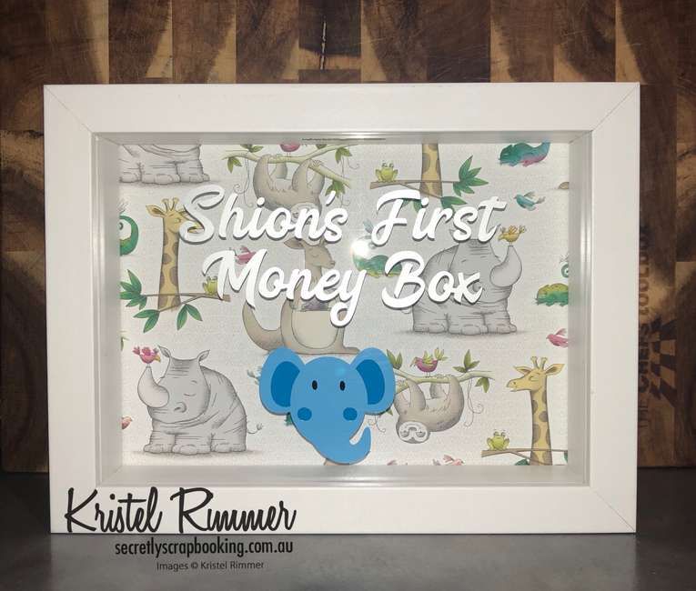 Animal theme moneybox with names first money box text, elephant head and animal backing - Secretly Scrapbooking (Bunbury, WA)