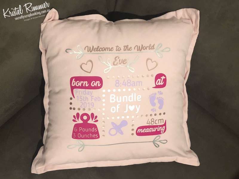 Pink cotton cushion with baby theme showing birth details including name, birthdate, time, weight and length - Secretly Scrapbooking (Bunbury, WA)